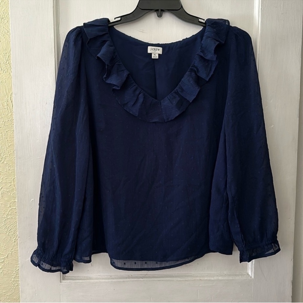 J. Crew Navy Ruffle V-Neck Long Sleeve Blouse